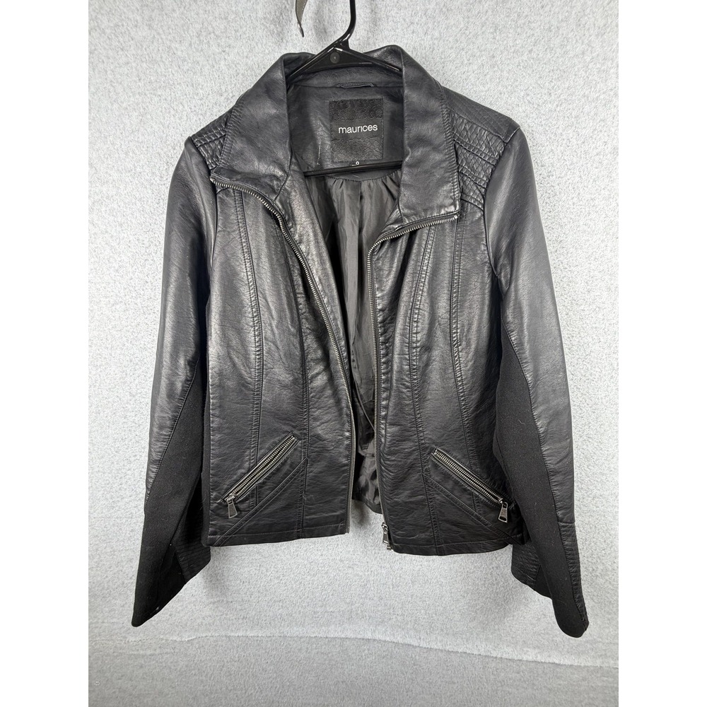 Maurices Jacket Womens 0 Black Faux Leather Knit Panel Moto Zip Pockets Quilted
